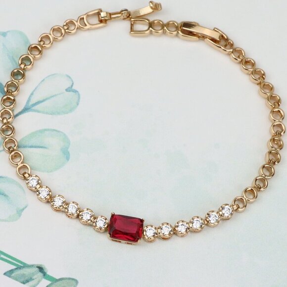 Rose Gold Bracelet with Ruby Red Center and Sparkling White Crystals, XPBL0705 - Picture 1 of 12